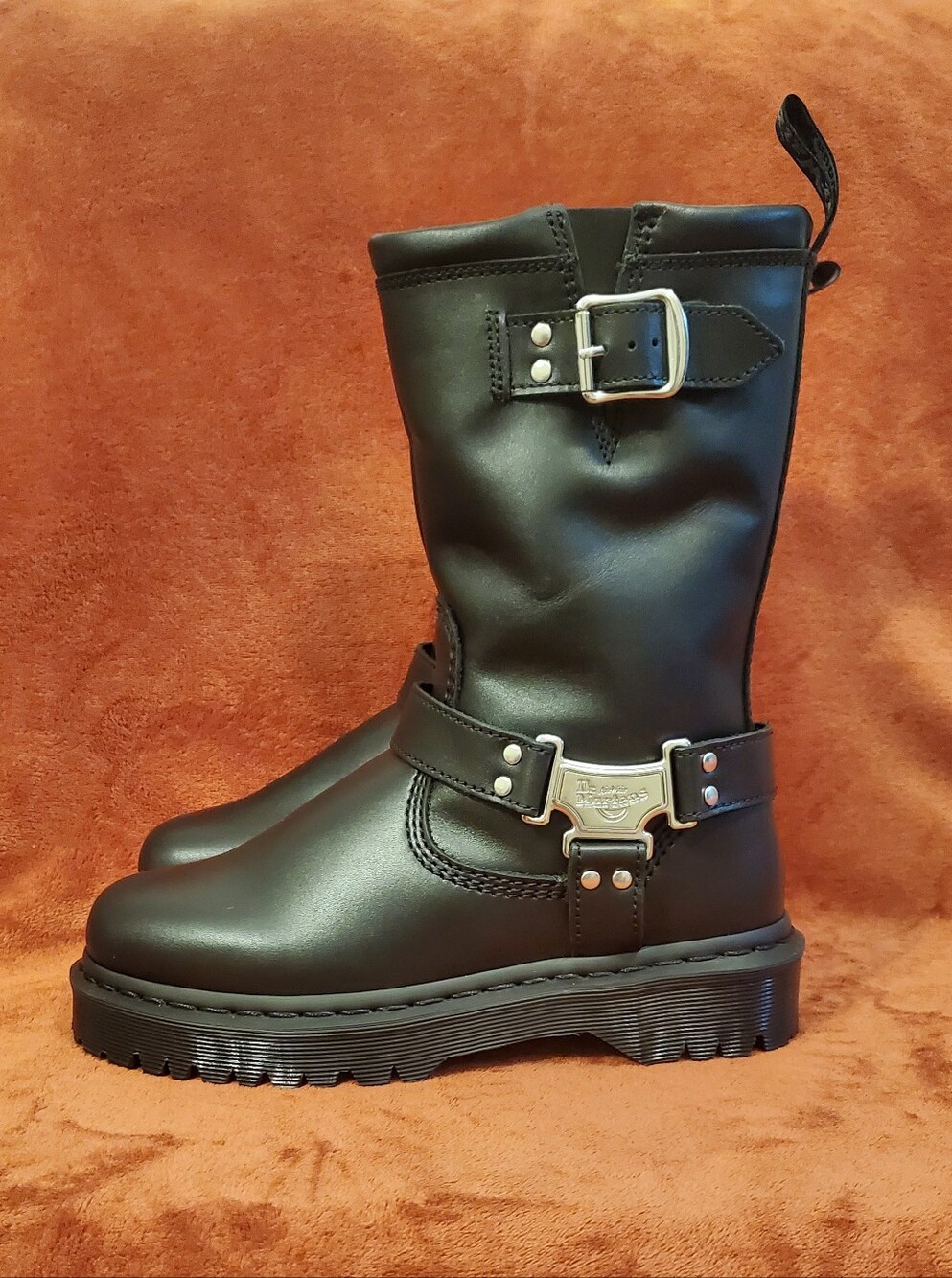 NEW Dr. Martens Black Leather Harness Moto Boots with Silver Hardware